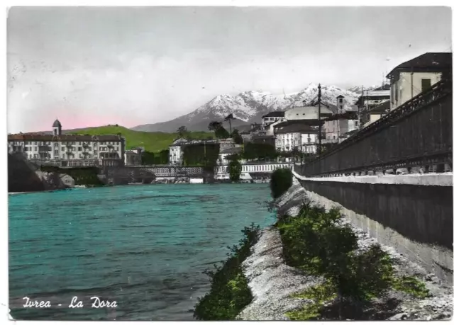 CARTOLINA DI TORINO ,IVREA - LA DORA - ACQUARELLATA viaggiata 1955