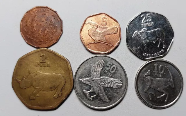 Botswana 6 Coins Lot - 2 Pula 2004 + 2, 5, 10, 25 & 50 Thebe Set (1981 - 2013)