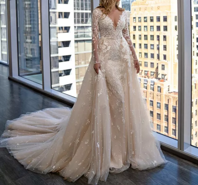 Luxury Mermaid Wedding Dresses Detachable Train Long Sleeves Applique Bride Gown