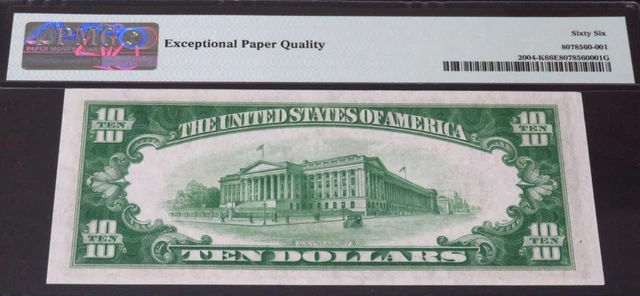 DALLAS LGS. LIGHT GREEN SEAL. $10 1934 Dallas FRN. PMG 66 EPQ.  Quality Note 2