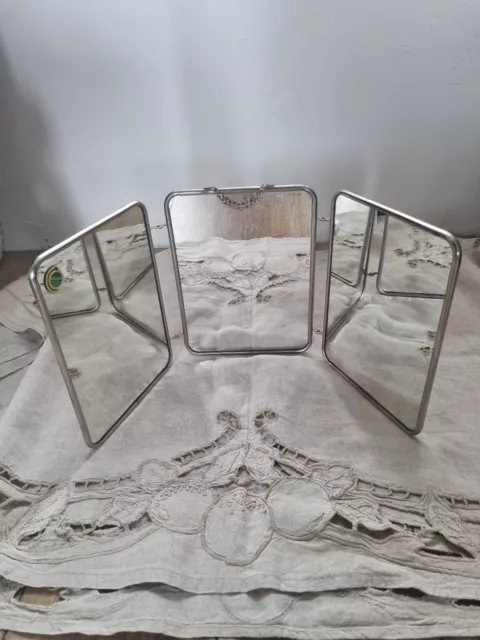 Ancien Miroir de barbier triptyque avec chainette vintage