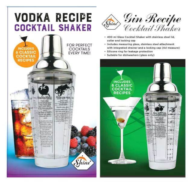 SHINE Glass Recipe Cocktail Shaker,Stainless Steel, 400ml VODKA or GIN