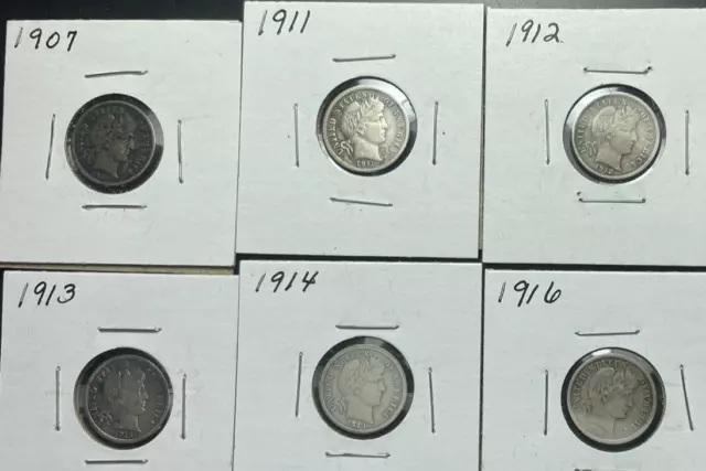 6 Different Barber Head Dimes, All Have Full LIBERTY, Fine or Better Detail