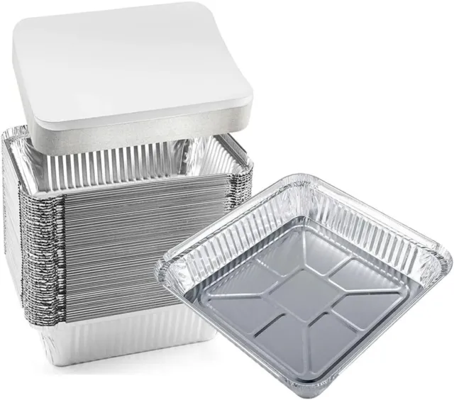 9" x 9" x 2" Large Aluminium Foil Food Containers Trays & Lids Meal Prep Dinner