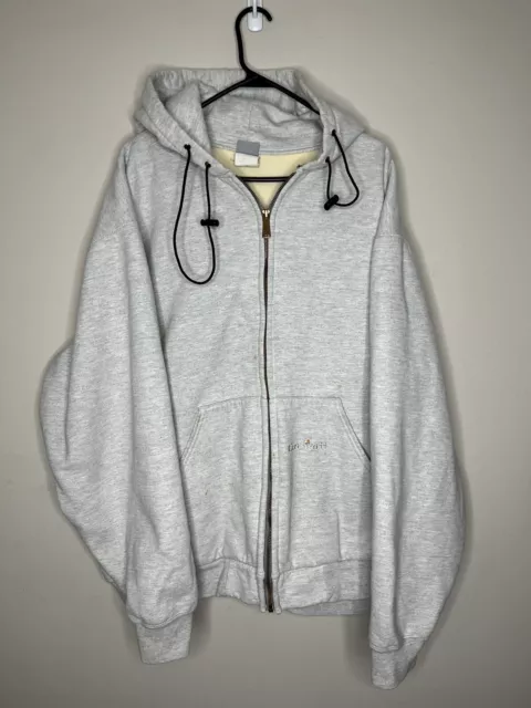 Vintage Carhartt Thermal Lined Sweatshirt Hoodie K129 Full Zip Grey Waffle 2XL