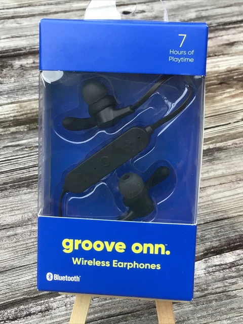 Onn Groove Wireless Bluetooth Earphones 7 Hr Battery Flat Cord Microphone Black