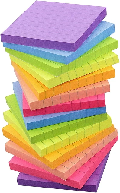 Lined Sticky Notes 3X3 Inch Bright Colors Self-Stick Pads 14 Pads/Pack 80 Sheets