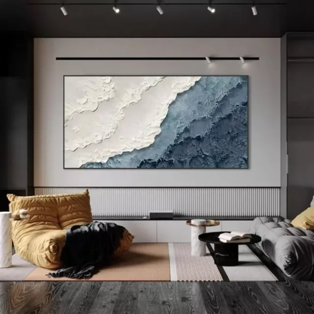 3D Minimalist Blue Ocean Painting Handmade on Canvas Earth Tone Waves Texture