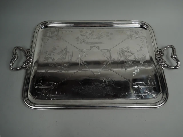 Christofle Vassoio Antico Belle Epoque Japonesque Grande Tè Francese 950 Argento