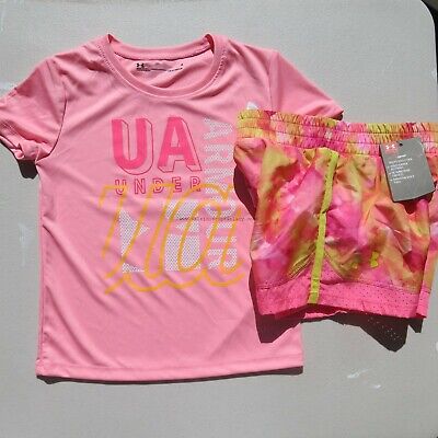 Under Armour Girls Size 5 Summer Shorts & Top Pink Yellow  Brand NEW