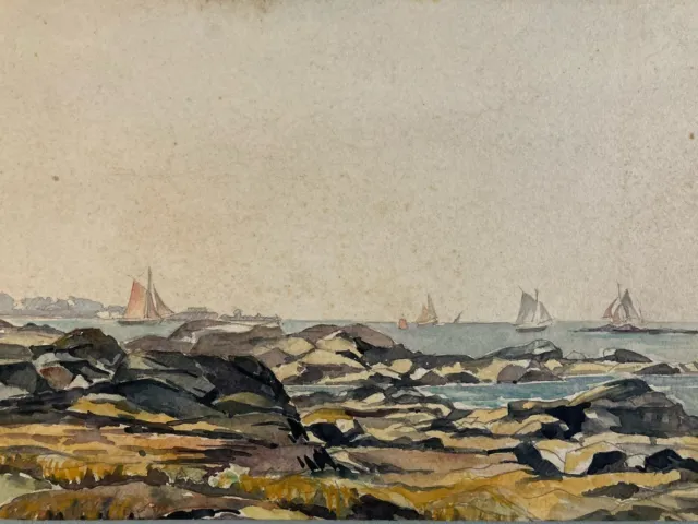 Très Belle Peinture Aquarelle 1920 Bateau Pêche Bretagne Voilier A Identifier