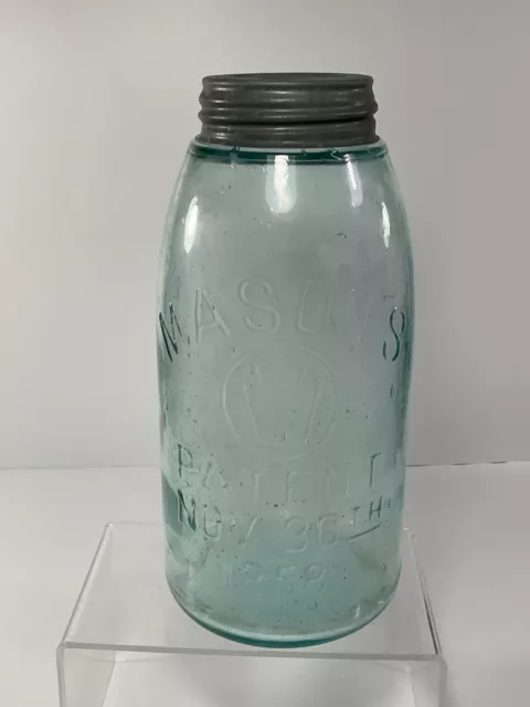 Vintage Aqua Mason Keystone Patent NOV 30th1858 2-Quart Canning Jar w/ Zinc Lid