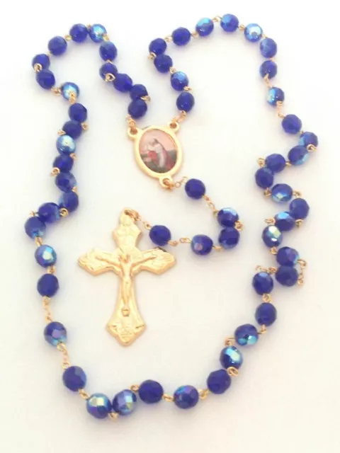 'Jesus Praying' Blue Italian Crystal Rosary Beads-FREE Pin-Stamped Made in Italy