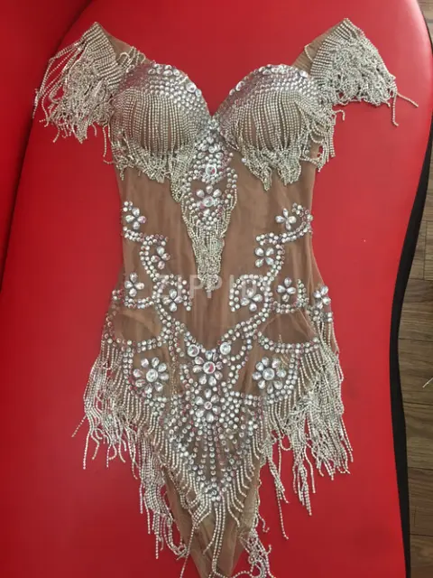 Sparkly Silver Rhinestone Fringe Transparent Bodysuit Dancer Bar Birthday Outfit 2