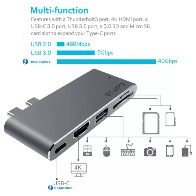 Concentrador USB-C de aluminio con 4K HDMI, Thunderbolt 3, USB 3, lector de tarjetas para Macbook Pro 2
