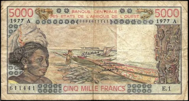 África De Oeste - billete de banco De 5000 Francos 1977 A Costa Marfil! P #08