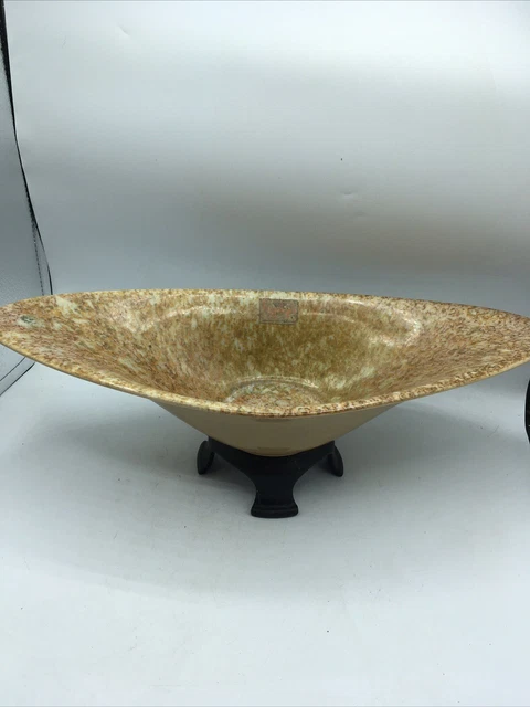 Vtg Mcm Hyalyn Gold Glaze Speckled Pottery Compote Centerpiece Bowl 16x5”