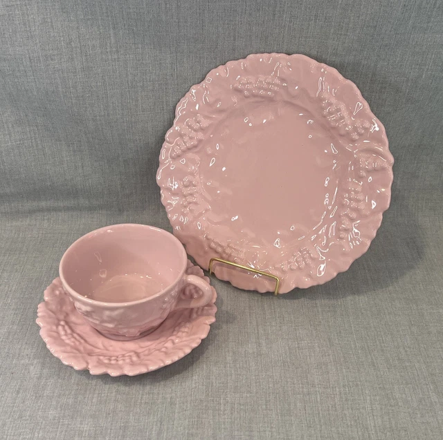 VTG PV Italy Pink Embossed Grape Majolica Tea Cup Saucer Trio Set #07625 7627