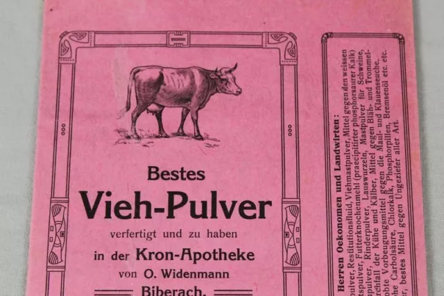 Pappschachtel - Reklame für Vieh-Pulver - Kron Apotheke Biberach/Riss ~1900 /158
