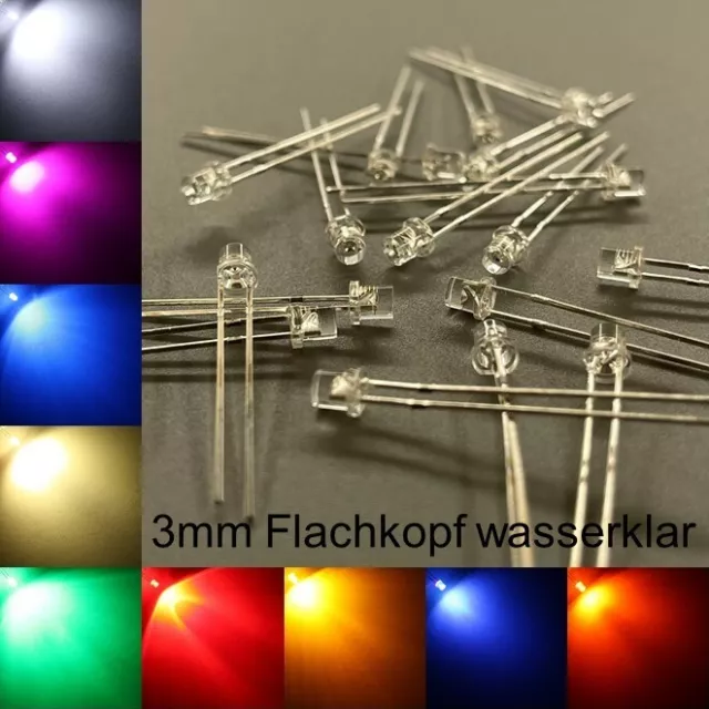 3mm LEDs Flachkopf wasserklar alle Farben inkl. Widerstände Leuchtdioden LED +