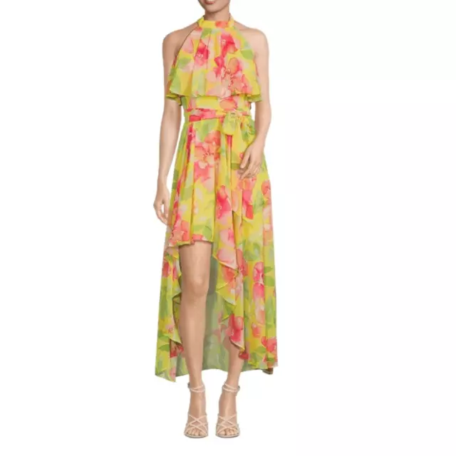 Eliza J Dress Womens Size 8 Yellow Pink Floral Print Popover Halter Gown