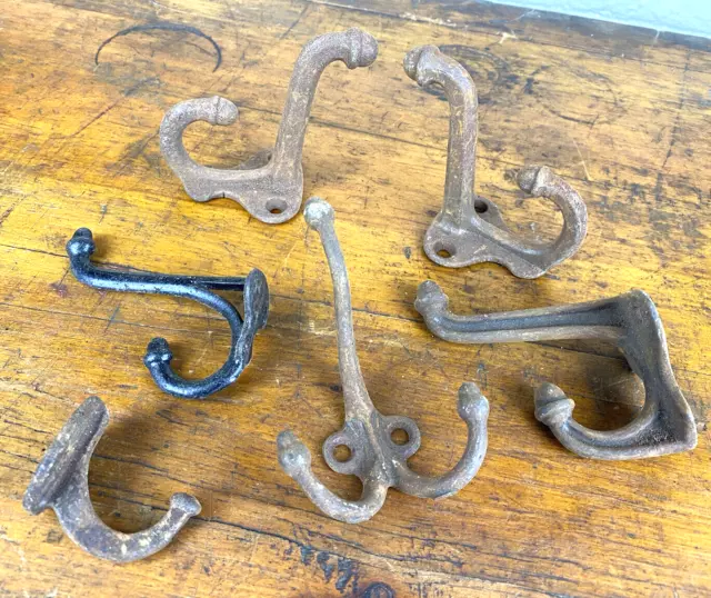 6 Antique Iron Coat & Hat Hooks, 1 Pair & 4 Singles, Victorian Acorn Hooks