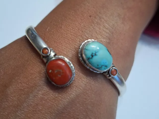 bracelet rigide en argent massif,réglable, Turquoise Et Corail