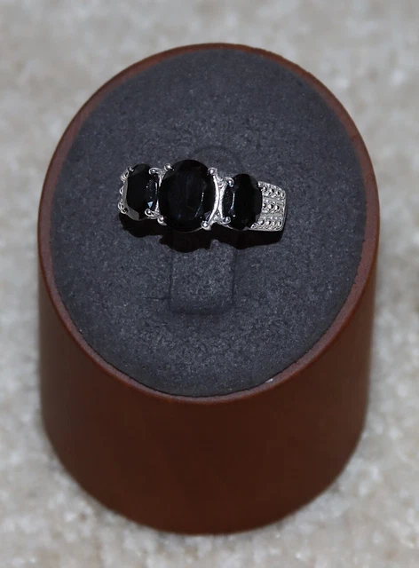 Sterling Silver 925 Ring Three Simulated Onyx Black Crystals Size 6 Prong Set