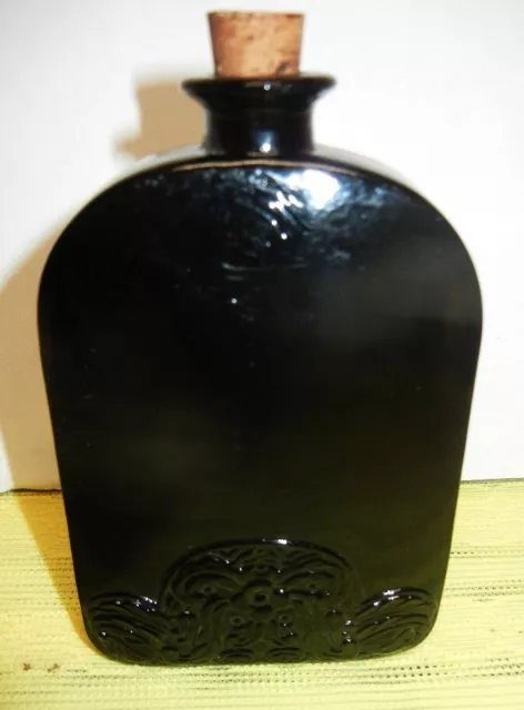 ANTIQUE 1880-1890's VICTORIAN LADY BLACK DARK GLASS FLOWER DESIGN CORK TOP FLASK