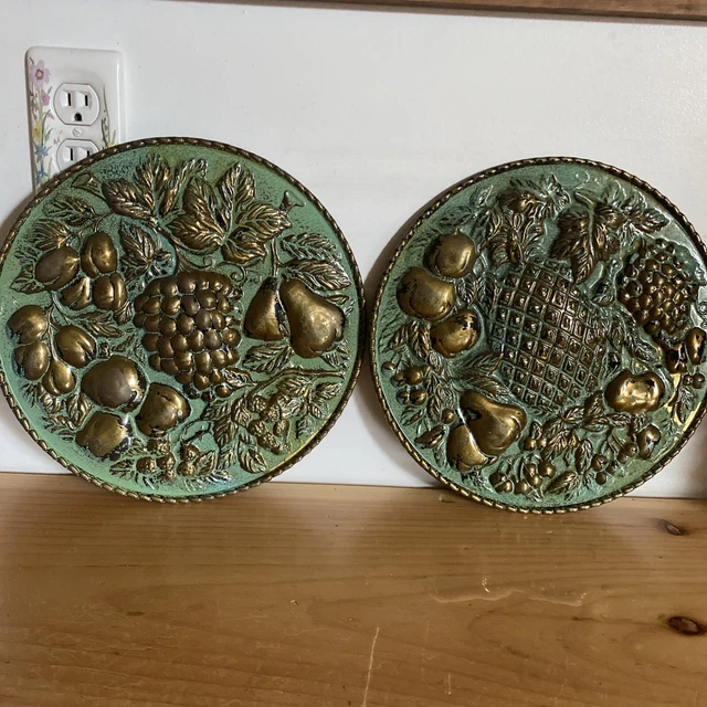 Vintage Elpec England BOHO Brass Verdigris Color Fruit Wall Plates Set 2 11"