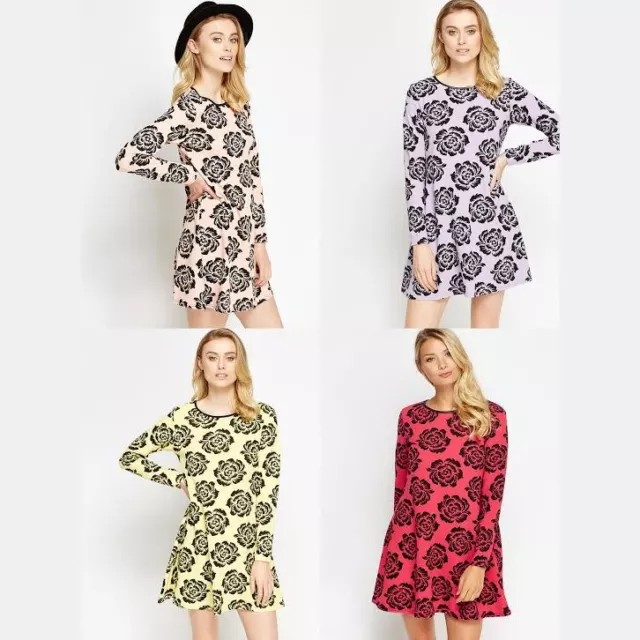 New Womens Long Sleeve Skater Dress Floral