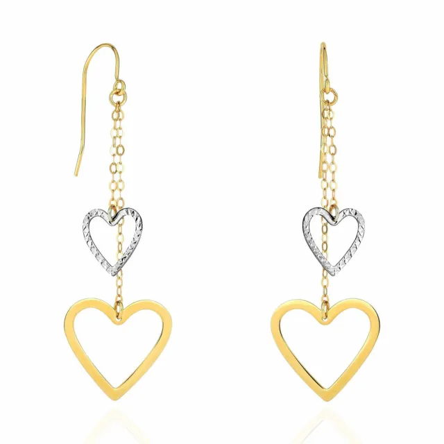 10K Yellow White Gold Diamond Cut Open Heart Double Strand Dangle Drop Earrings