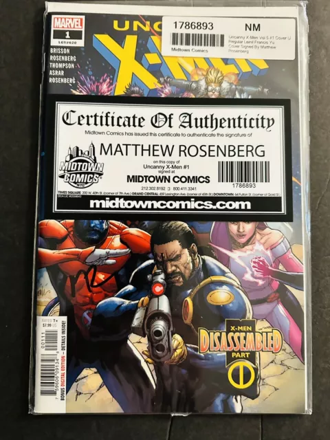 Uncanny X-Men vol.5 #1 2019 High Grade NM Marvel signed by Matthew Rosenberg COA 2