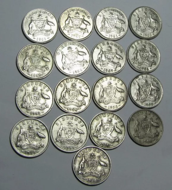 Australian Silver Sixpence Set - 1946 to 1963 inclusive : 17  Sixpence