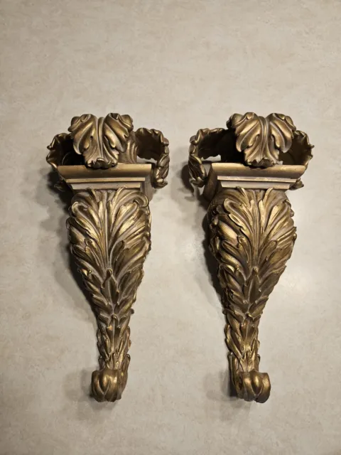 Pair of LARGE 12.5" Tall Wall Sconces Plaster Hollywood Regency Gold