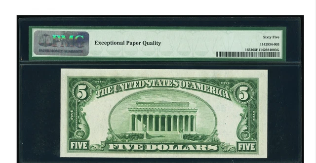 VINSON SILVER Fr. 1652 $5 1934B Silver Certificate PMG Gem Uncirculated 65 EPQ. 2