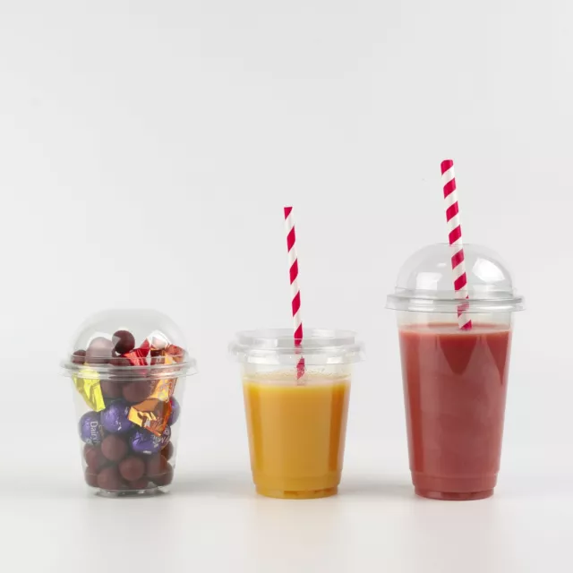 10/12/16/Oz Smoothie Cups & Domed Lid Plastic Clear Party Juice Disposable Glass