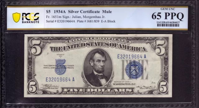 1934 A $5 SILVER CERTIFICATE NOTE FR 1651m MULE EA BLOCK PCGS B GEM UNC 65 PPQ
