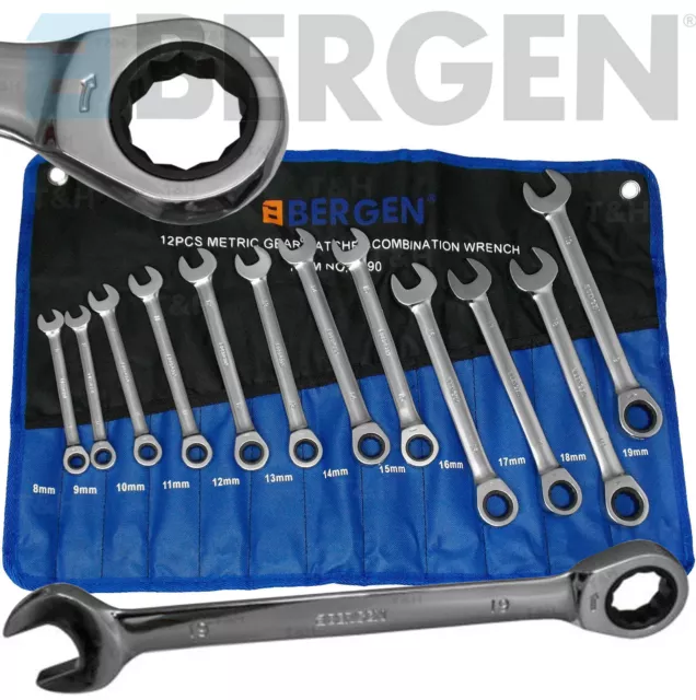 BERGEN Ratchet Spanners 12pc Combination Ratchet Wrench/Spanner Tool Set 8m-19mm