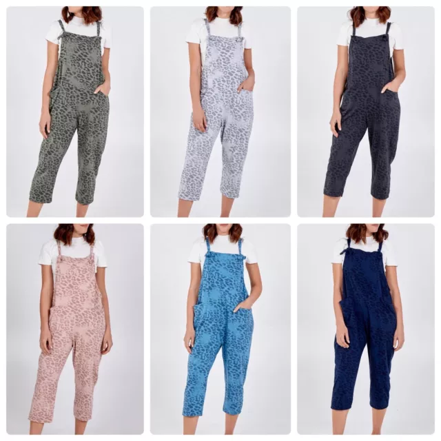 New Ladies women Cheetah Print Jersey Dungaree Jumpsuits One Size (8-14) BNWT