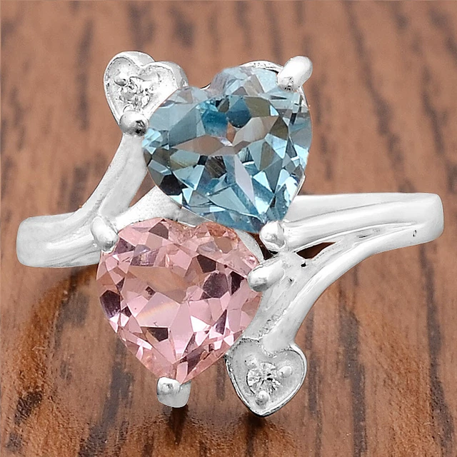 Treated Pink Morganite and Aquamarine 925 Silver Ring s.6.5 Jewelry