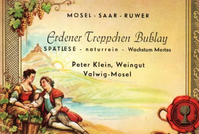 Lovely Couple Grapes ErdenTreppchen Klein 1950's-60's German Wine Label Mosel