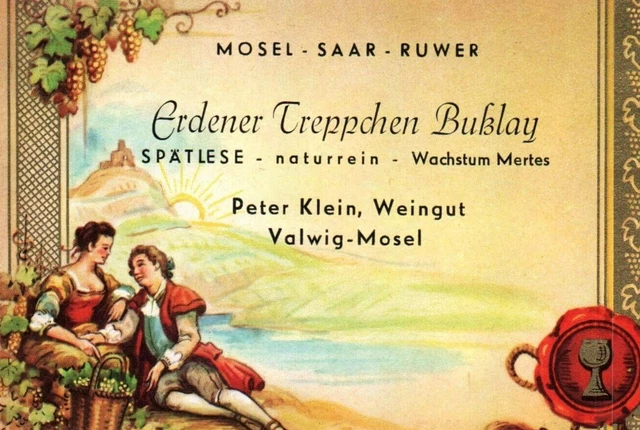 Lovely Couple Grapes ErdenTreppchen Klein 1950's-60's German Wine Label Mosel