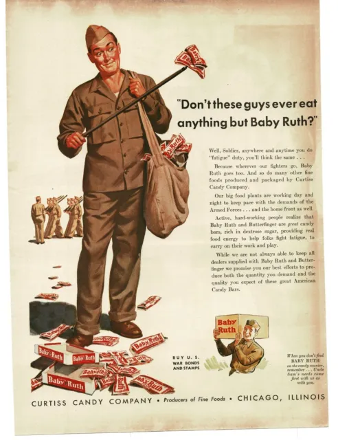 1943 BABY RUTH Candy Bar Soldier on Trash Detail art WWII Vintage Print Ad