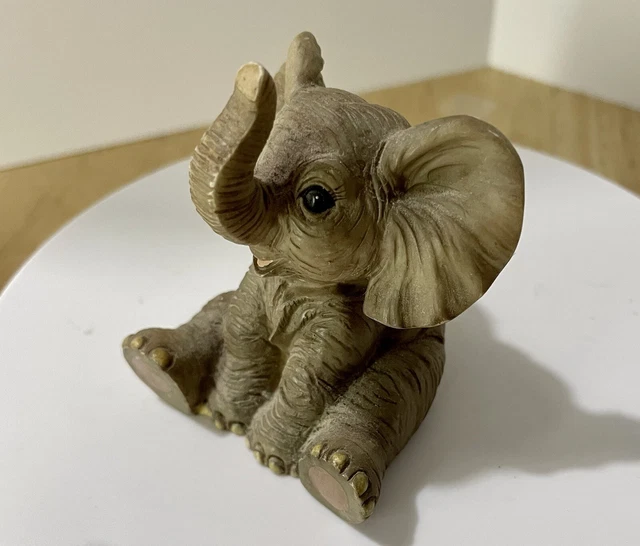 Elephant Figurine Sitting Baby Brown Resin Trunk Up Vintage Animal Zoo Wild