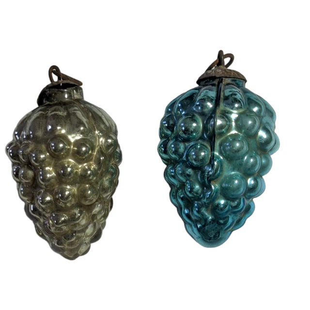 Lot De 5 Boules De Noël Vintage Verre - Grappe De Raisins Argenté Kugel