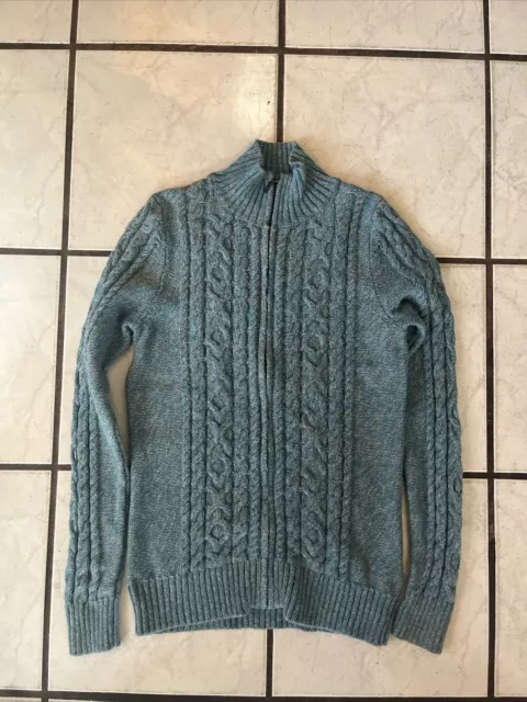 LL Bean Sweater Womens XS  Aqua Blue Cable Knit Full Zip Cardigan Long Sleeve