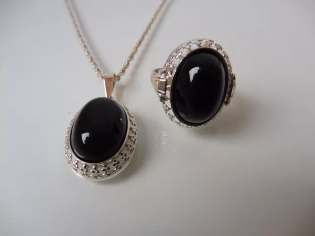 Nobile Set Gioielli, Collana con Ciondolo E Anello, 835 Argento con Onyx 3