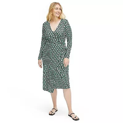 Women's Long Sleeve Midi Arrow Geo Green Wrap Dress - DVF