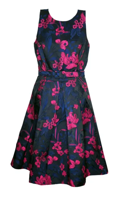 ELIZA J 6 Dress Jacquard Black Pink Blue Floral Belted A Line Party Event Guest